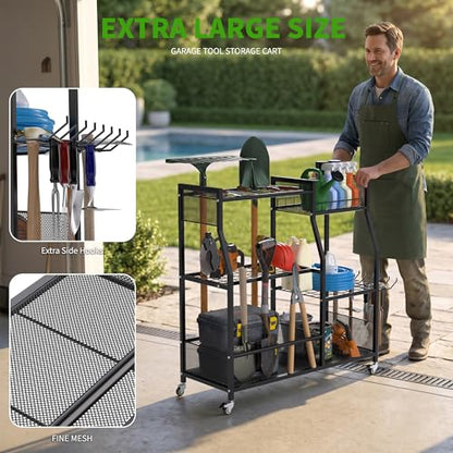 HOTEAGLE Garden Tool Organizer for Garage with 35.4” Width(High Stability), Outdoor Metal Utility Rolling Carts with Mute Wheels & 18.5mm Thick Rods, Easy to Clean, Black