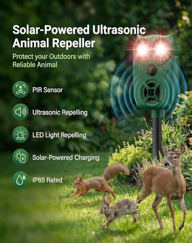 2 Pack Solar Ultrasonic Animal Repeller with Motion Sensor, Deer Repellent Devices with LED Light, Waterproof Cat Repellent Outdoor