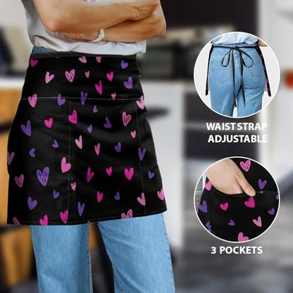 WIRESTER Unisex Waitress Apron for Servers, Half Waist Apron With 3 Pockets for Kitchen Cooking Restaurant Teacher Gardening - color: Purple Pink Hearts Pattern
