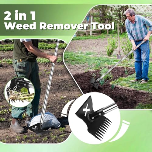 Large Weed Puller Tool with Long Handle, Garden Hoe & 10 Teeth Weed Rake - size: Large