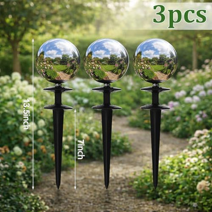 Tandefio 3 Pcs Garden Hose Guide Spike 13.5'' Decorative Ball, Silver - color: Silver