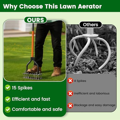 Lawn Aerator Tool,Adjustable Height with 15 Iron Spikes,Double-Layer Spring