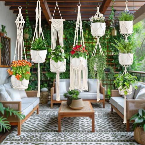 Macrame Plant Hangers, 6Pack Hanging Plant Holders Indoor, Ivory - color: Ivory