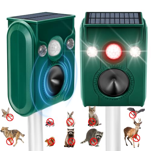 Solar Ultrasonic Animal Repeller Outdoor, Deer Repellent, Cat Repellent,with Motion Detection and Strobe Light,Waterproof Deterrent Squirrels, Raccoons, Dogs, Rabbits, Skunks (2PCS)