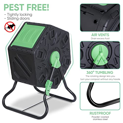 F2C 18.5 Gallon Compost Tumbler Compost Bin All-Season Outdoor BPA Free Single Rotating Chamber Composters w/ 2 Sliding Doors and Solid Steel Frame - size: 18.5 Gallon