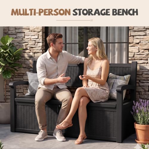 EFU Outdoor Bench Storage Deck Box,100 Gallon Waterproof Wicker - color: Black