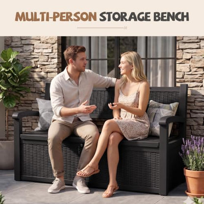 EFU Outdoor Bench Storage Deck Box,100 Gallon Waterproof Wicker - color: Black