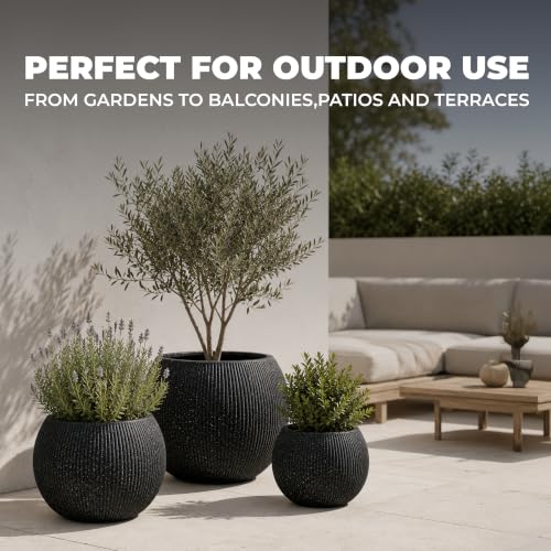 Marlo Fiberstone Round Planter, Ribbed Finishes (S, Black) - color: Ribbed Black, size: 12.6"D x 9.8"H