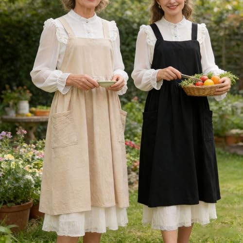 Cotton Linen Apron Cross Back Apron for Women with Pockets Pinafore Dress - color: 2 Pack-black+beige