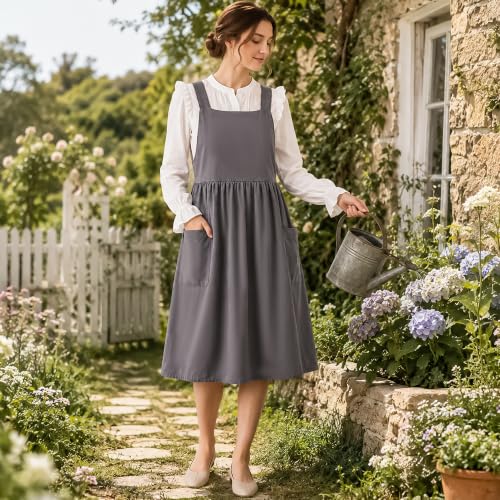 Cotton Linen Apron Cross Back Apron for Women with Pockets Pinafore Dress - color: Grey