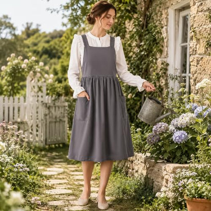Cotton Linen Apron Cross Back Apron for Women with Pockets Pinafore Dress - color: Grey