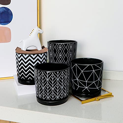 Flower Pots,5.5 Inch Black Ceramic Planters with Drainage Hole Set of 4 - color: Black
