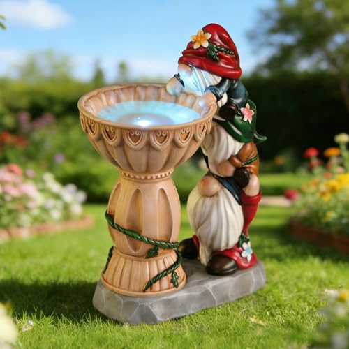 Sheaifun Solar Garden Gnomes Outdoor Statues with Bird Bath Feeder for Yard - style: Three Gnomes