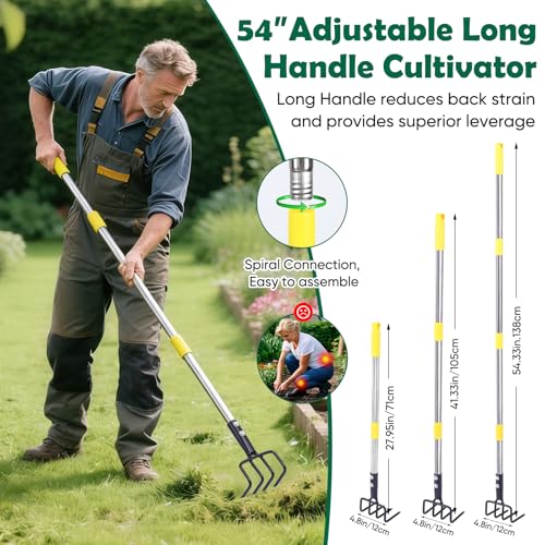 Garden Hand Tiller Cultivator, 4-Tine Adjustable Long Handle