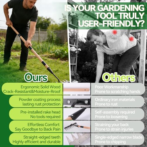 Gardenia 9-Tine Iron Weeding Rake, Heavy Duty Weed Puller for Garden Soil