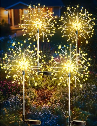 suddus Solar Garden Lights Outdoor Waterproof Decorative, 4Pack 150LED Firework Lights, Solar Fairy Lights for Yard, Garden, Patio, Pathway, Flowerbed, Party, Wedding Outside Decor- Warm White - color: Warm White, size: 4 Pack