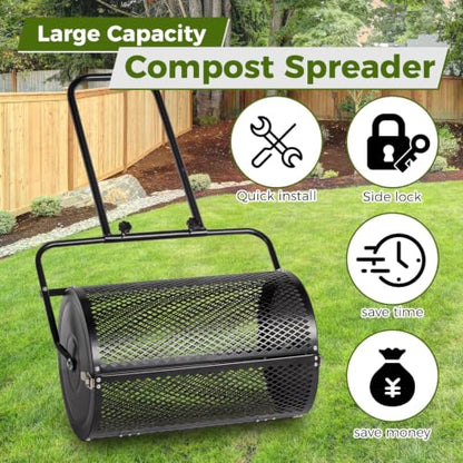VINGLI Compost Spreader, Peat Moss Spreader with Height Adjustable Handle, T Shaped Handle Peat Moss Roller, Seed Spreader for Lawn Backyard Outdoor (24“ -Black U Shape)