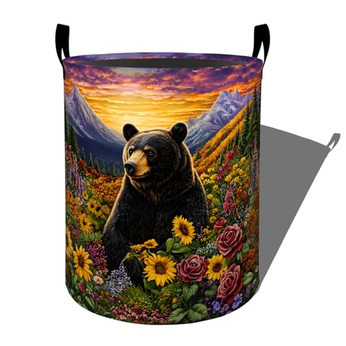 Bear Laundry Basket, Mountain Wildflower Storage Hamper, Round Collapsible Waterproof Cloth Bin, 19.7x15.7 Inch Rustic Sunset Wildlife Clothes Organizer Gifts for Bathroom Decor - color: Bear