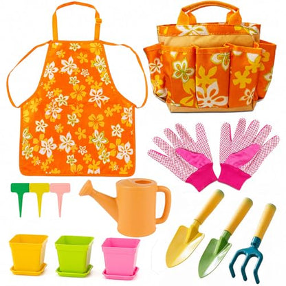 Kids Gardening Set for Girls Boys Ages 3-7,13PCS Garden Tool Kit with Apron,Tote Bag,Outdoor STEM Learning Toy,Garden Gifts for Kids