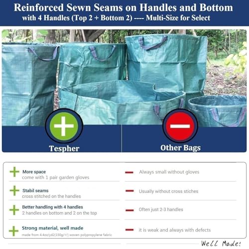 Standard 3-Pack 16 Gallons Yard Garden Bags (D18,H15 inch) W/Gardening Gloves, Reusable Leaf Bags,Grass Clippings,Lawn Debris Bag,Laundry Container,Patio Trash Bin,Yard Waste Bags,Weeds Bag 4 Handles