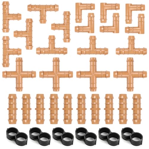 1/2 Inch Drip Irrigation Fittings, 34 Pieces Kit 1/2 Inch Tubing Connectors Includes Couplings Tees Elbows Crosses Plugs Drip Line Quick Connect Barbed Connectors for Drip Systems - size: 1/2" 34P Barbed Fittings