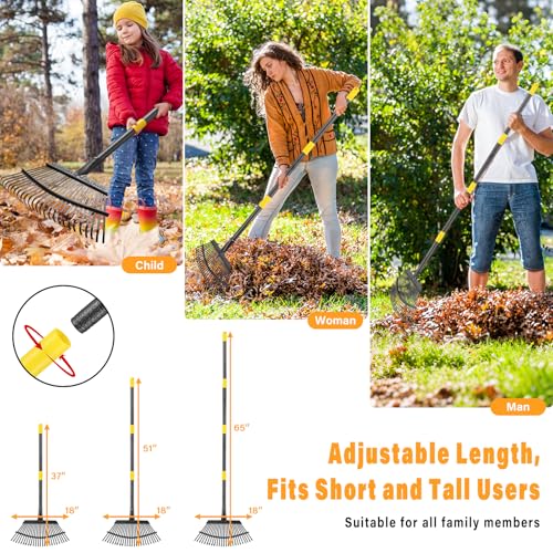 Rake for Leaves - 25 Tines Heavy Duty Metal Rake Set with Leaf Scoops & Collector Bag, Adjustable Rakes for Lawns, 3-in-1 Leaf Collection Tool for Efficient Yard Pine Needle Grass Cleanup 5FT