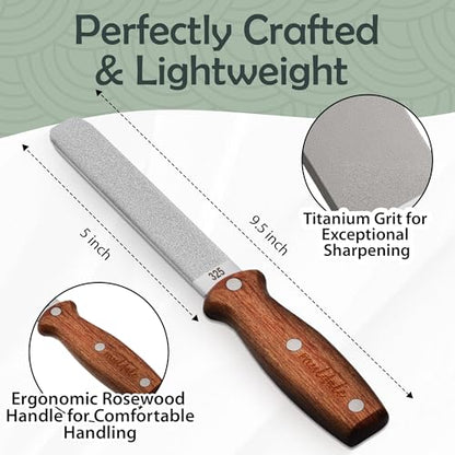 Muldale Garden Tool Sharpener - Dual Grit Titanium File with Leather Strop