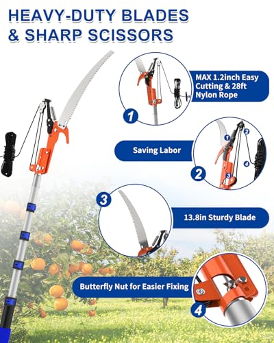 26FT Reach Pole Saw, Telescoping Tree Trimmer with 5-20FT Extension Pole, Sharp Steel Blade and Scissors, Fruit Picker, Extendable Long Handle Tree Pruner for Yard Garden Trees Palms Shrubs