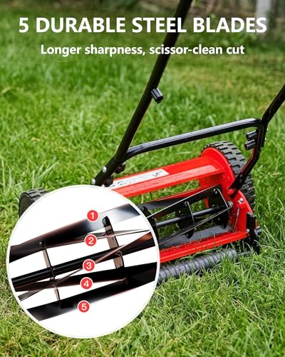 14-Inch Hand Push Reel Lawn Mower, 5-Blade Manual Push Lawnmower