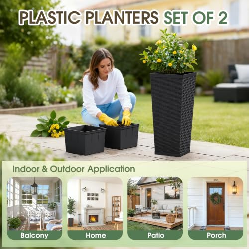 30 Inch Tall Plastic Planters(Set of 2) with Drainage Holes, Black - color: Black, size: 30 inch