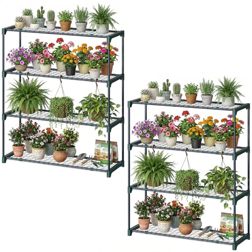 Ohuhu Plant Greenhouse Shelves 4 Tier 2 Pack Extra-Wide Stable Green House Shelving for Outdoor, 35x12x42 Inch Portable Rustproof Metal Shelf Plant Stand Rack Greenhouse Accessories - size: 35 x 12 x 42 inch
