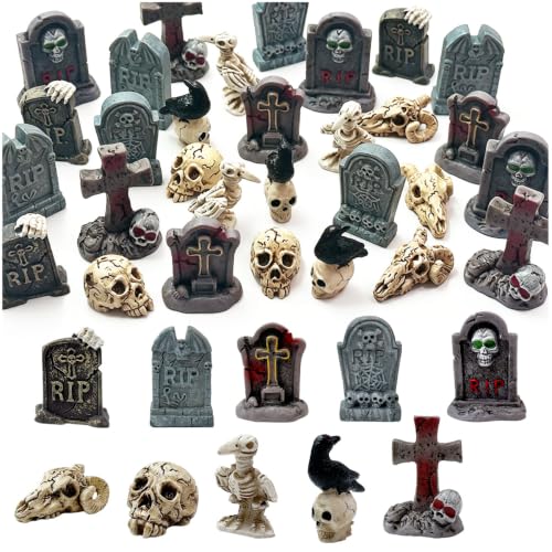 Suartus 30Pcs Halloween Miniatures Figurines, Mini Resin Tombstones Tiny Crow Animals Skull Head Figure Ornaments Halloween Garden Accessories for DIY Crafts Outdoor Home Village Graveyard Scene