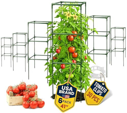 6 Pack 41" Square Tomato Cages for Garden - Large Tomato Trellis Stakes - size: 6 Pack, 41 Inches