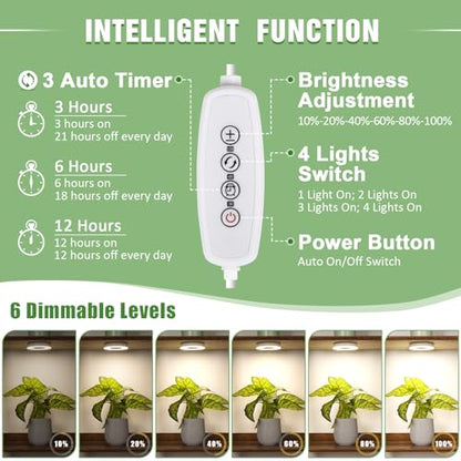 LORDEM Grow Light for Indoor Plants, 192 LEDs Ceiling Full Spectrum Plant Light, Quad Head Plant Lamp with 3/6/12H Auto Timer, 6 Brightness Levels, Individual Bulb Control, Corded - size: 3.54in-4 Head