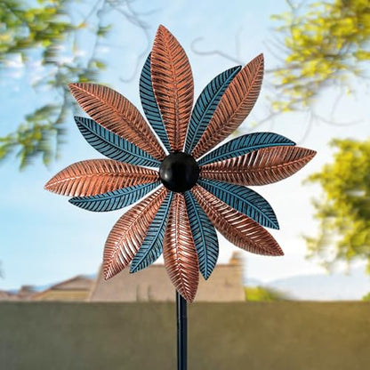 Copper & Blue Leaf 360° Metal Wind Spinners Outdoor, 57" H - color: Copper Leaf