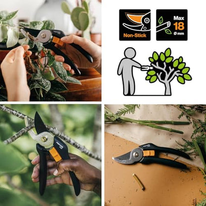 Fiskars bypass pruning shears for fresh branches and twigs, non-stick coated, steel blades/FibreComp handles, black/orange, Solid, P121, 1057160