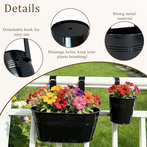 8 Pack Mixed Size Metal Railing Planters with Hanging Hooks, Black - color: Black, size: Oval 10"*4 + Round 4"*4