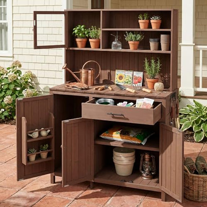 Potting Bench with Hutch, 65" H Solid Fir Wood Garden Workstation, Large Countertop, Patio Kitchen Island with Adjustable Shelves, Spice Rack, Side Hook and Drawer, Brown - size: Brown+1 Drawer