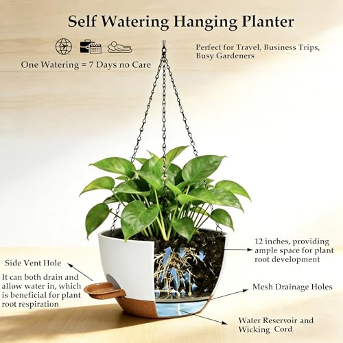 12 Inch Self Watering Hanging Planters 2 Pack, White Brown - color: White Brown