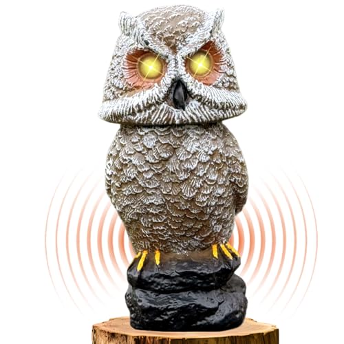 Solar Powered Owl with Motion Detection, Silent Mode, Flashing Eyes, Rotatable Head and Realistic Hoots, Plastic Owl Decoration for Home, Garden, Patio and Fence