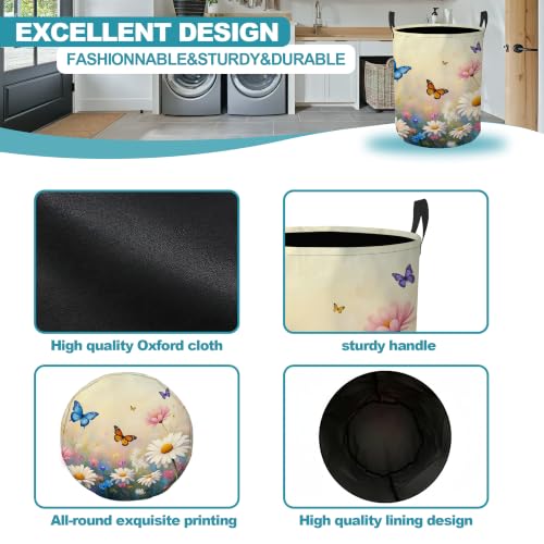 Daisy Butterfly Collapsible Laundry Hamper,Spring Flowers Waterproof Oxford Cloth Clothes Basket with Handles for Bathroom Bedroom Nursery Dorm Room,16" x 20" - color: Daisy Butterfly,Spring Flowers