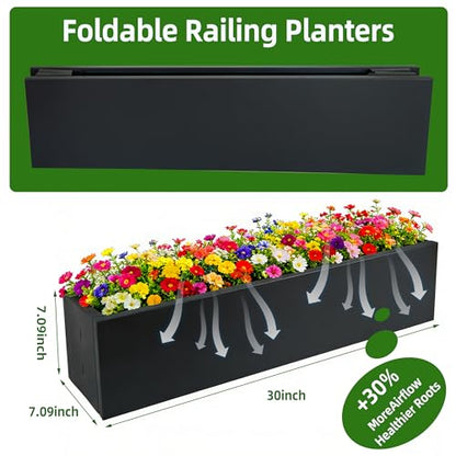 2 Pack Metal Railing Planter Box, 30 Inch Balcony Planters with Adjustable Brackets, Large Hanging Planters for Outdoor Fence Deck
