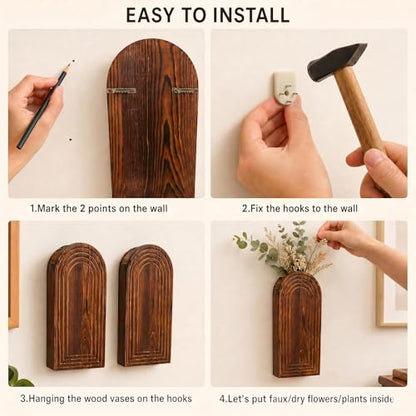 2 Pack Wooden Wall Vase Set, YOPIKUU Brown Boho Hanging Wall Planter Vase