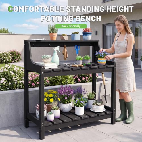 Outdoor HDPE Garden Potting Bench Weatherproof Potting Table Outside - color: Black