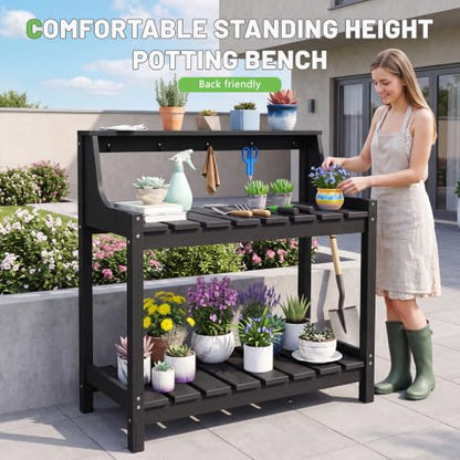 Outdoor HDPE Garden Potting Bench Weatherproof Potting Table Outside - color: Black