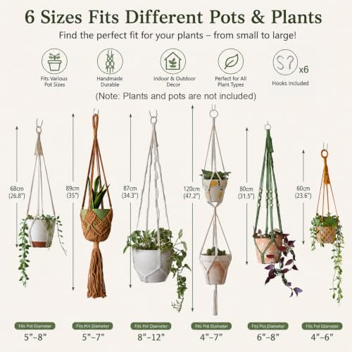 Bouqlife 6 Pack Macrame Plant Hangers Set with Hooks Indoor Hanging Planters with Patterns Handmade Cotton Rope Crochet Boho Plant Flower Pot Holders Fits Different Pot Sizes