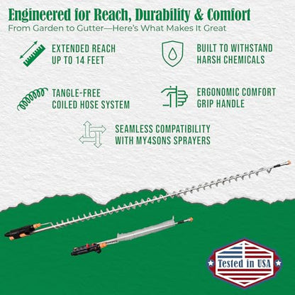 MY4SONS Garden Watering Wand for Outdoor Plants – Telescoping Water Wand with Coiled Hose, Heavy Duty Garden Hose Sprayer, Adjustable Long Wand, Stainless Steel, 14ft