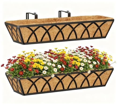 Y&M Hanging Railing Planter Boxes 2 Pack, 24 Inch Adjustable Balcony & Deck Planter, Heavy Duty Metal Flower Box for Porch, Fence & Window, Outdoor Plant Holder - size: X shape 24in 2P