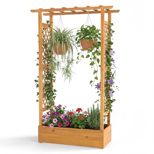 Happygrill 70” Raised Garden Bed with Trellis & Hanging Roof - size: 43” x 17” x 70”