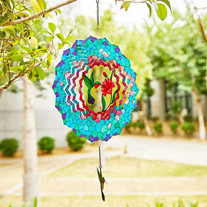 12" Hummingbird Hanging Wind Spinners, 3D Kinetic Metal Wind Spinner - color: Blue & Green